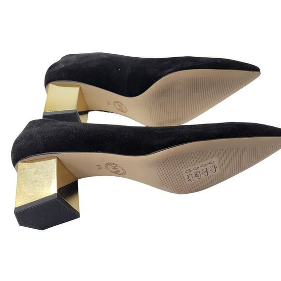 Michael Michael Kors NIB Suede Petra Pumps Black Gold Block Heel Slip On Size 7M - Picture 5 of 14